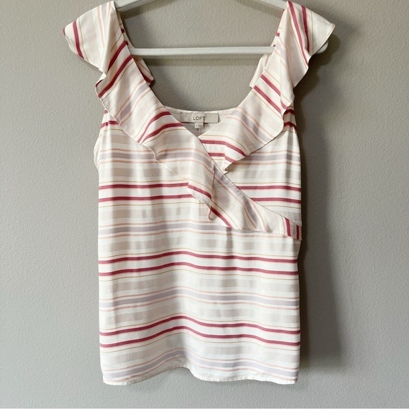 Ann Taylor LOFT Striped Faux Wrap Ruffle Sleeveless Tank Blouse White Pink NEW - Picture 1 of 8